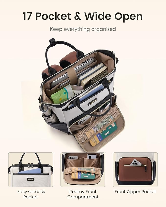 LOVEVOOK Laptop Backpack for Women with Giant Tumbler Holder,18 inch Professional Nurse Teacher Backpack Computer Laptop Bag,Cute Waterproof Travel Backpack Purse Work College Bag, Beige-Black-Brown