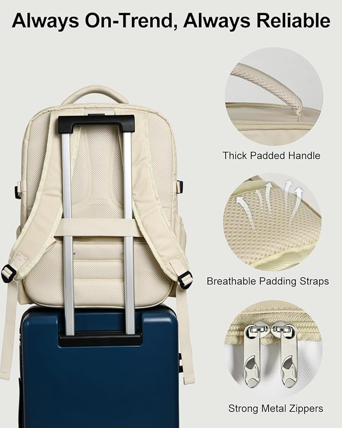 Travel Backpack for Women & Men, Large Carry On Personal Item Bag Airline Approved, Waterproof Traveling Overnight Bags, Gifts Laptop Backpack for Travelers College-Students Commuters (Beige)