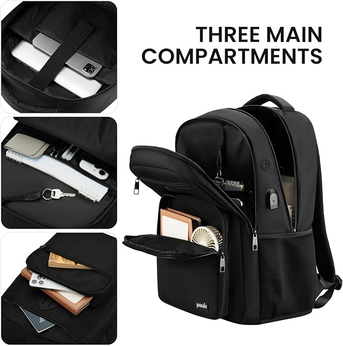 Paude Black Backpack,School Backpack for Teens Adults Laptop Bookbag for High School College Students Back Pack for Work