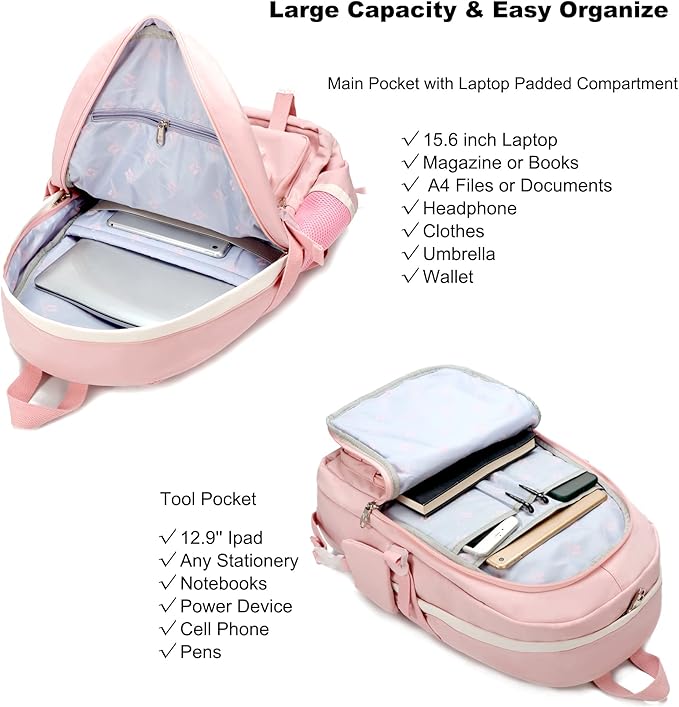 Backpack for Girls with Accessories Laptop Bookbags 16 Inch Kawaii Kids Elementary Middle High School Bag College Travel Daypack Gifts for Teens Women Students (Pink)