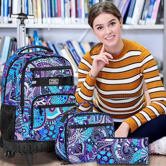 Rolling Backpack for Womens and Mens, Adults Wheeled Bookbag with Lunch Box for Girls and Boys.
