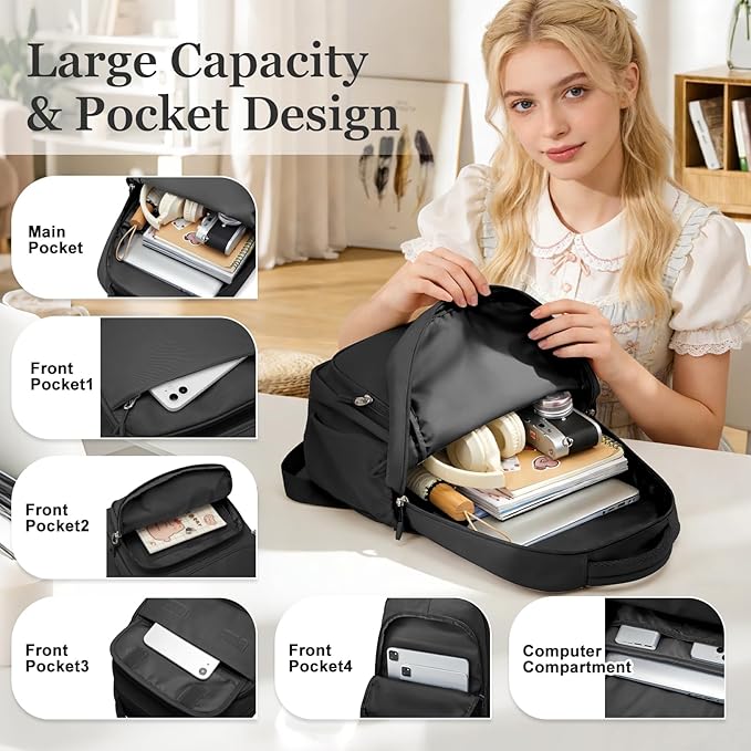 Cute Black School Backpack for Teens Girls Boys Waterproof School Bag Basic Backpack for College Students Multi Pocket Backpack Lightweight Casual Daypack Backpacks for Women Men