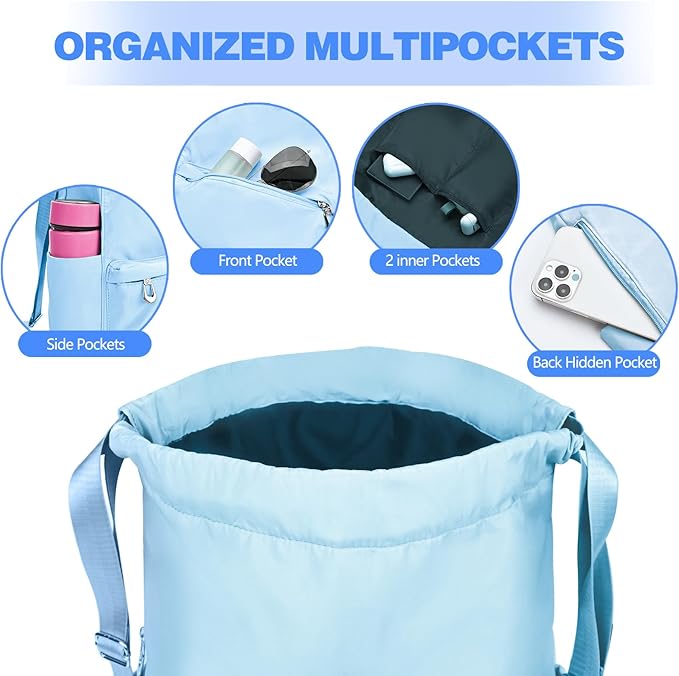Drawstring Backpack with Wet Pocket Gym Backpack Water-Resistant Cinch String Bag Beach Swim for Women Men