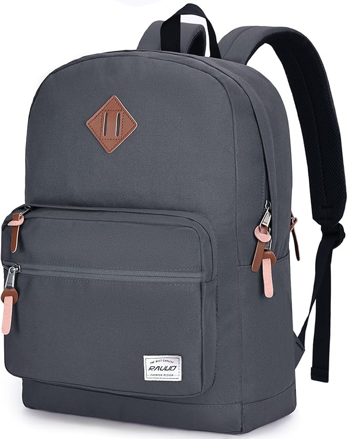 RAVUO School Backpack for Men Women | Classic Bookbag for 15.6 inch Laptop Water-Resistant College Daypack for Travel, Grey