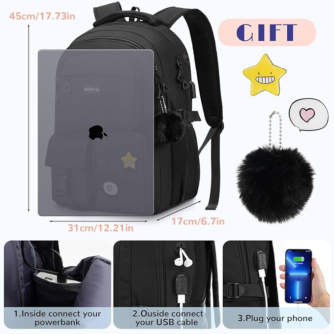 Laptop Backpack for College Student Women Middle High School Teen Girls Bookbag Mochila Escolares para Niñas Mujeres(Black)