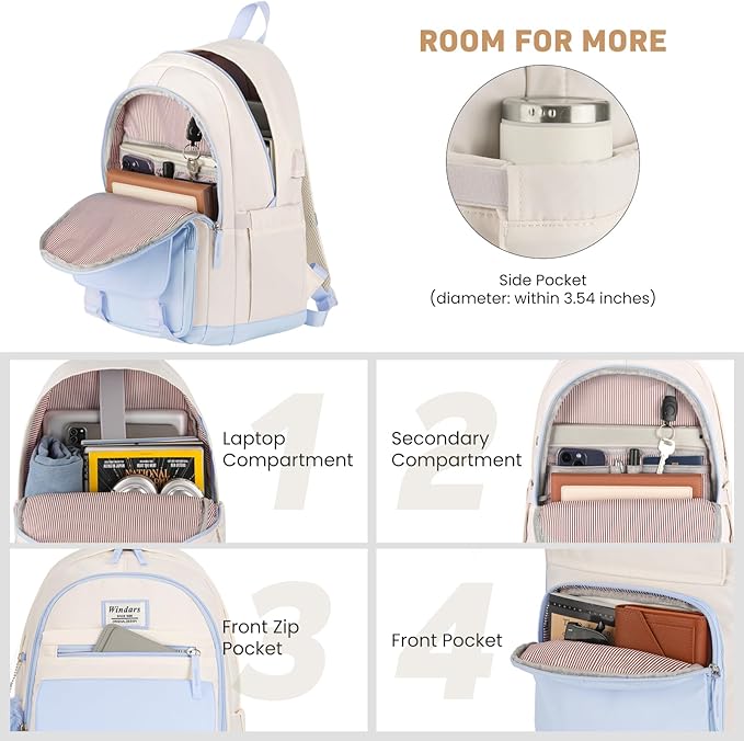 School Backpack for Teen Girls, Cute College Backpacks for Women Students Aesthetic Bookbag Large 15.6 Inch Laptop Bag Middle School Travel Back Pack (Blue Beige)