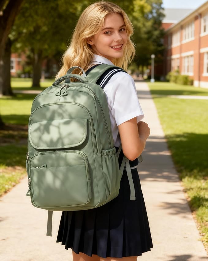 Student School Backpack for Teen Girls Middle High School Bookbag Casual Daypack, 15.6 Inch Laptop Backpack for College, Green