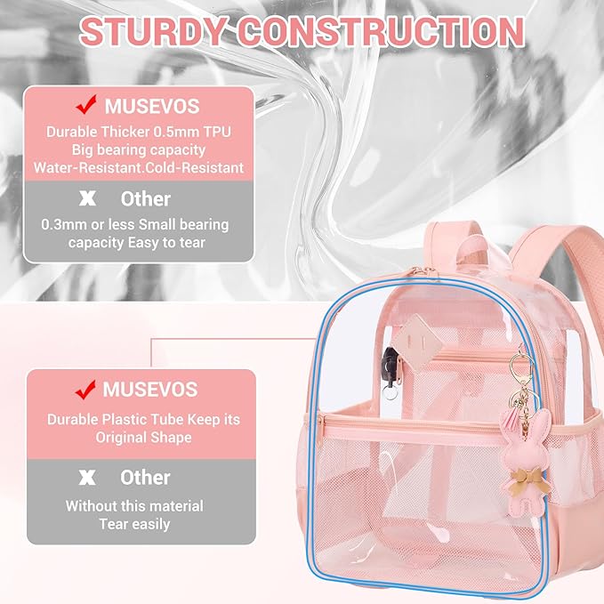 Clear Backpack for Stadium Events Approved 12×6×12, Thick TPU Mini Clear Bag with Front Pocket for Concert Sport Events Work Travel, Pink