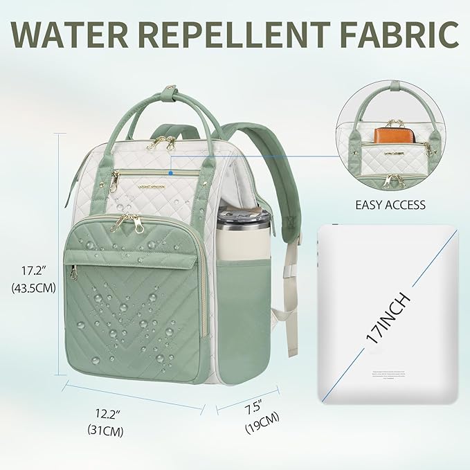 KROSER Laptop Backpack 17" Stylish Backpack Water Repellent College Casual Daypack with USB Port Travel Business Work Bag for Men/Women-Beige/Light Green