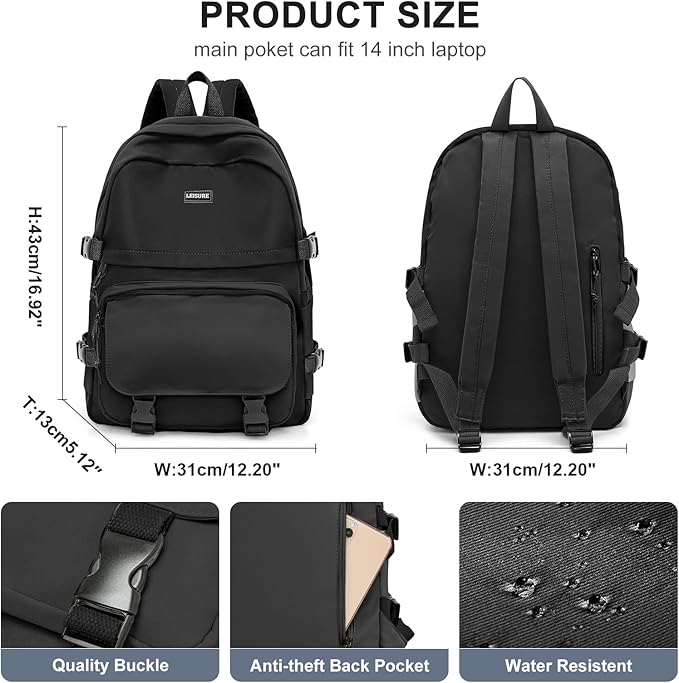weradar All Black Backpacks For School Teens Boys Girls,Cute Bookbag,Lightweight College Backpack For Women Men,Waterproof Middle School Bag Casual Travel Daypack