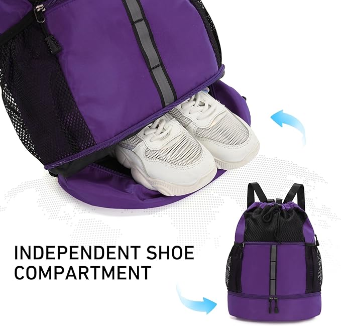 Valleycomfy Drawstring Gym Bag Sports Backpack With Shoe Compartment and Reflective Strips Purple