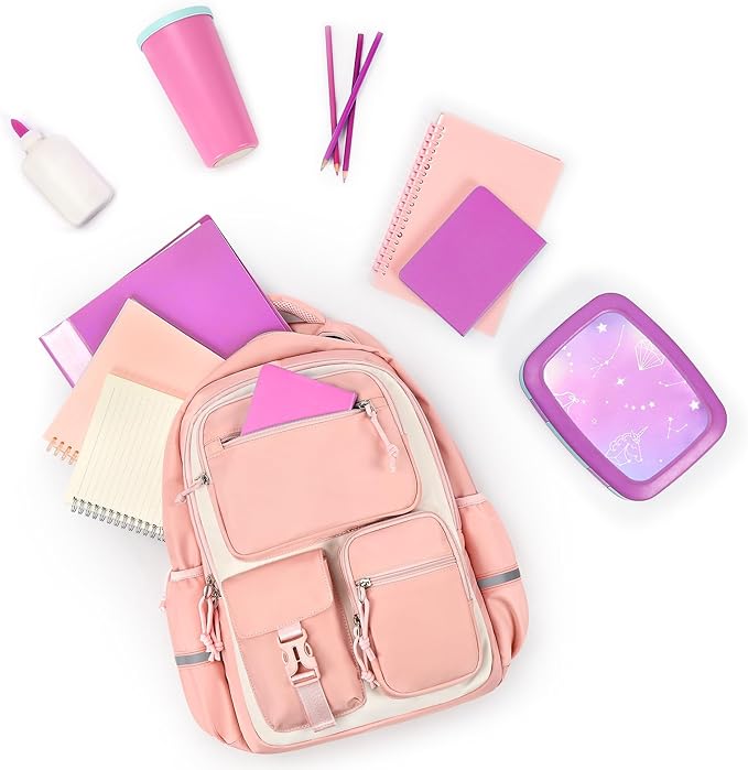mibasies School Backpack for Teen Girls: 17.9 IN Backpack for Women with Laptop Compartment for Middle High Elementary School College Travel- Kids Bookbag Light Pink Beige