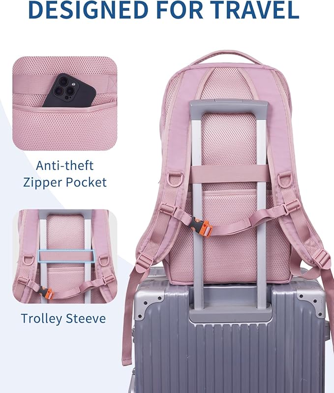 WANDF 15.6-Inch Laptop Backpack for Women, Travel Backpack Water-Resistant Lightweight College Backpack for Work Casual Business Weekender (Pink)