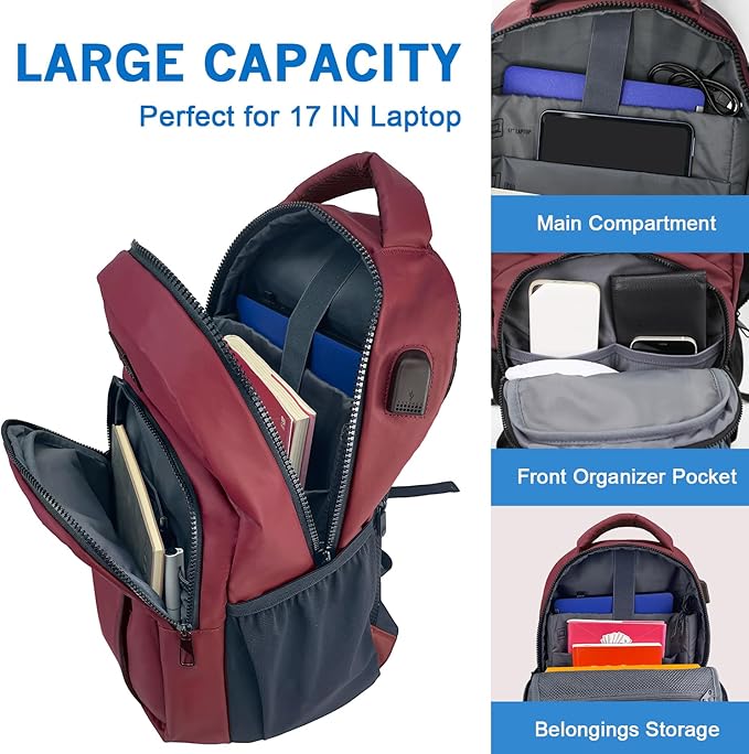WOLT Laptop Backpack for Men Women for 15.6 Inch and 17 Inch Notebook, Travel Backpack Carry On Flight Approved with Computer Compartment, College Bookbag with USB Charging Port (Red)