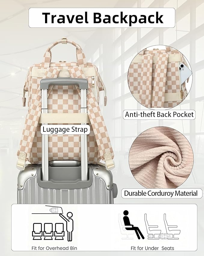 Laptop Backpacks for Women, Corduroy High School College Bookbag 15.6 Inch Laptop Bags for Girls Travel Daypack - Checkered Brown