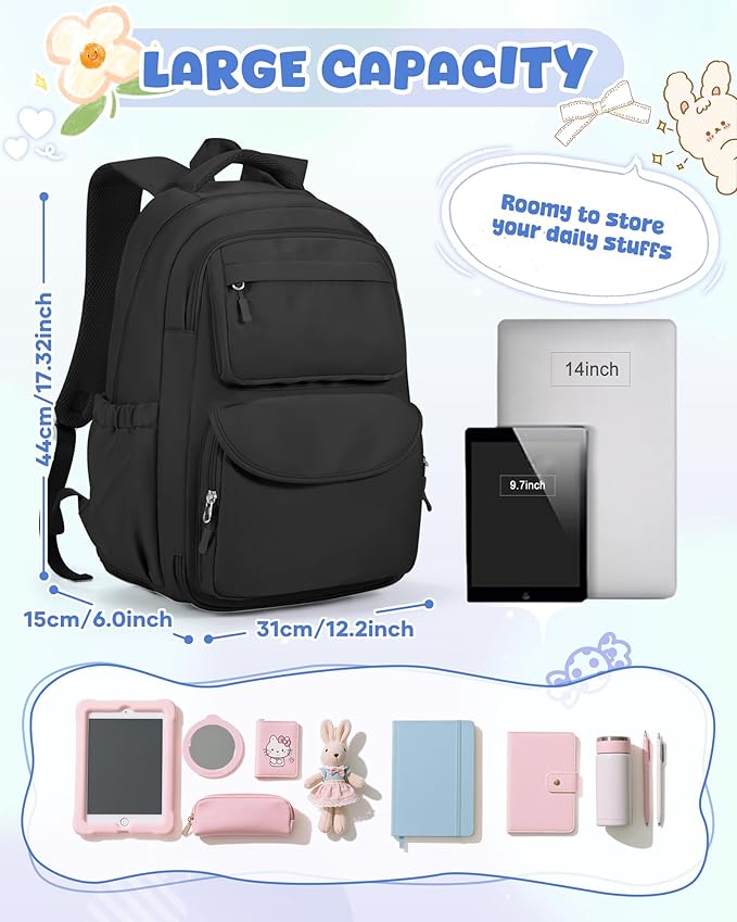 Backpack for Girls,Kids School Backpack Girls Cute Kindergarten Elementary Preschool Middle School Bags Kids Teens Aesthetic Bookbag Kawaii Backpacks Student Daypack Black