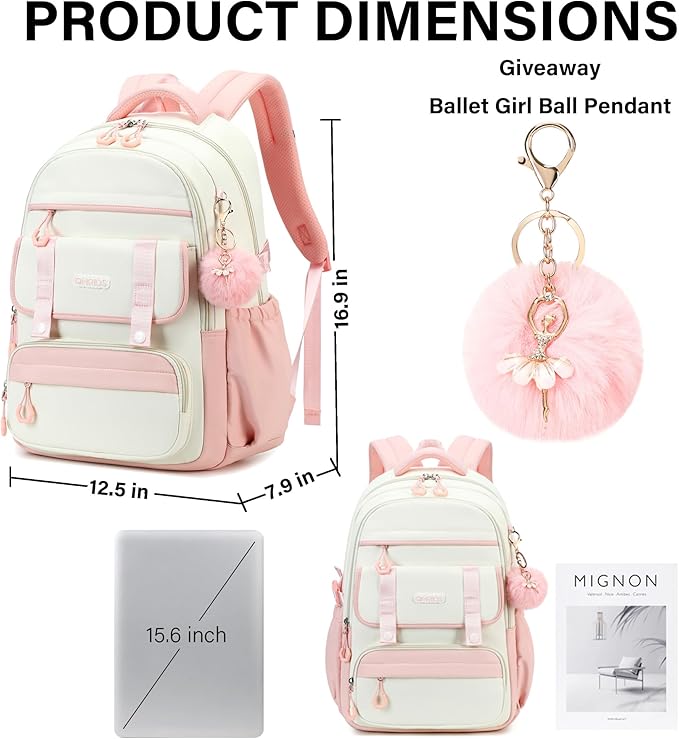 School Backpack for Girls, Laptop Backpack 15.6 Inch Kids Elementary Middle High School Bag Anti Theft Cute College Bookbags for Teens Girls Women Students Casual Travel Daypack,Pink Beige