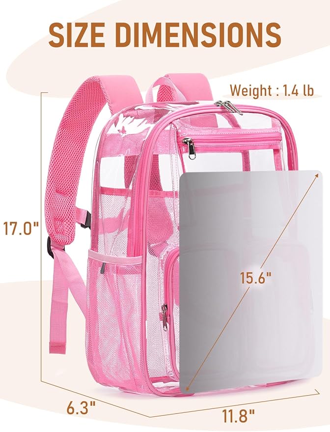 Clear Backpack Heavy Duty for Women Men Boys Girls, Clear Bookbag for School, 17 Inch Transparent Backpack with All-Around Reflective Strips for Work Casual Sport, pink
