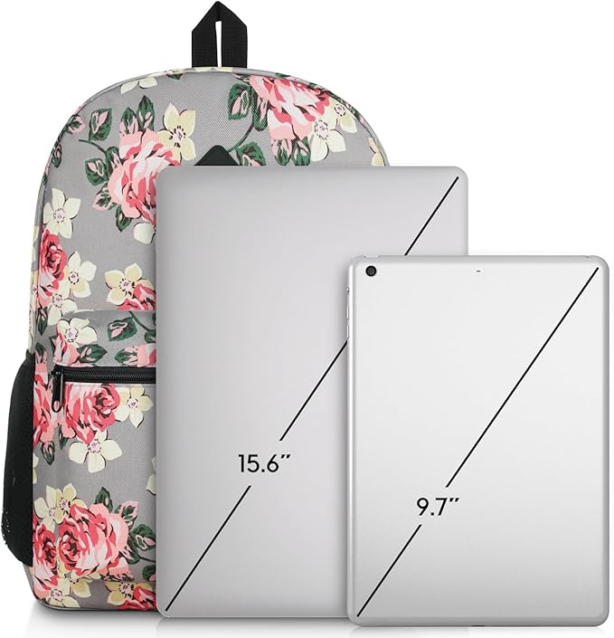 School Backpack Women and Teen Girl,Classic Bookbag Schoolbag with USB Port for High School College Office Work Travel 15.6 inch Gray Flower