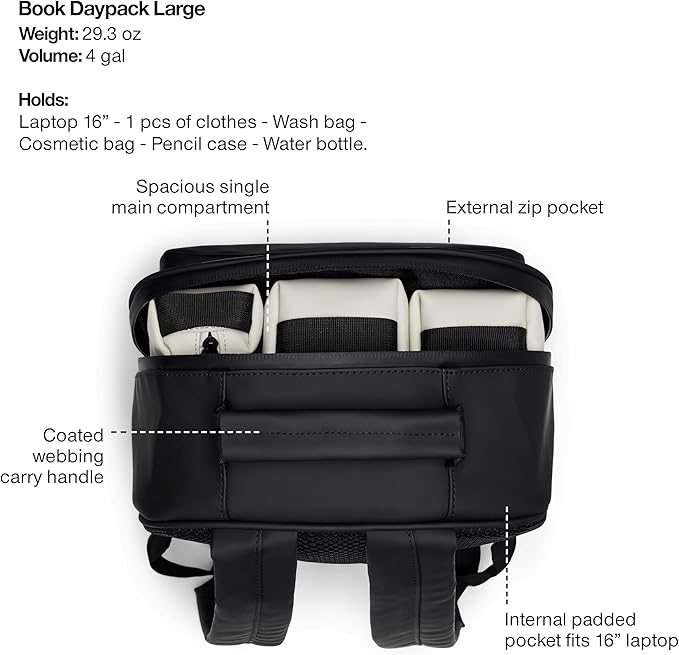 RAINS Book Daypack Large Lagoon Laptop Backpack for Men and Women, Waterproof Black Minimalist Commuter Bag with 15”-16"