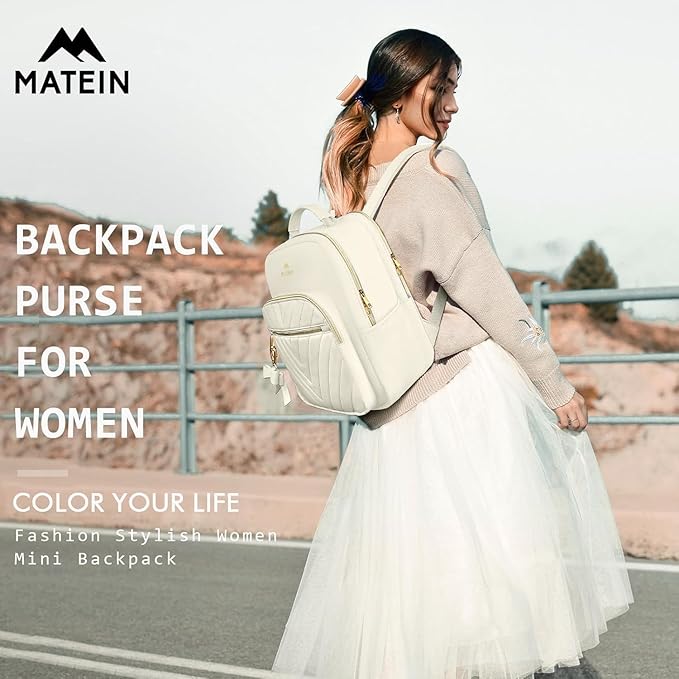 MATEIN Cute Backpacks for Women, Mini Stylish Daypack Purse, Waterproof Anti-theft Travel Casual Daily Rucksack Shoulder Handbag for Work College Dating, 2pcs Sets, Beige