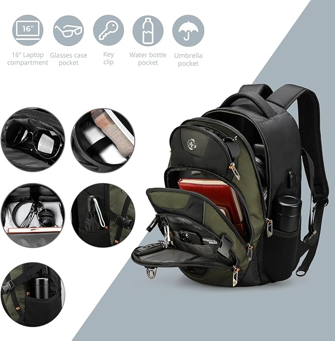 Swissdigital Design Laptop Backpack, Travel Backpack with USB Charging Port Fits 15.6 inches Computer, 31L College School Bookbag for Men,Olive/Black | SD803-26