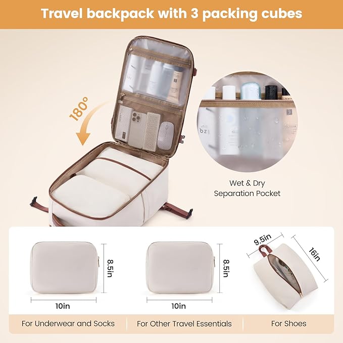 LOVEVOOK 40L Travel Backpack for Women,Carry on Luggage Backpack Flight Approved with 3 Packing Cubes,Waterproof Personal Item Travel Bag fits 17 Inch Laptop,Overnight Weekender Business Daypack