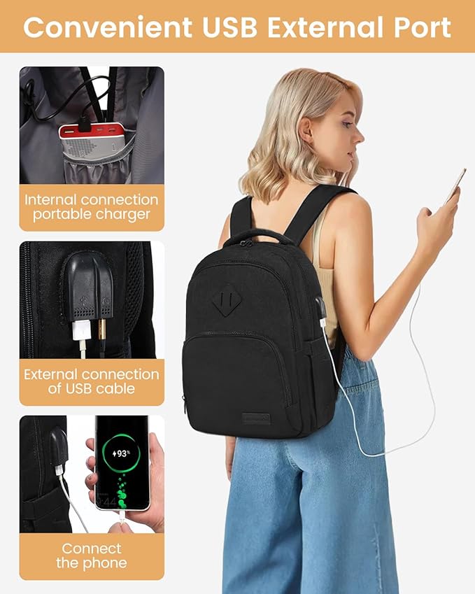 LOVEVOOK School Backpack for Women Men Black Backpack with 15.6" Laptop Compartment Lightweight Bookbag for College Work High School