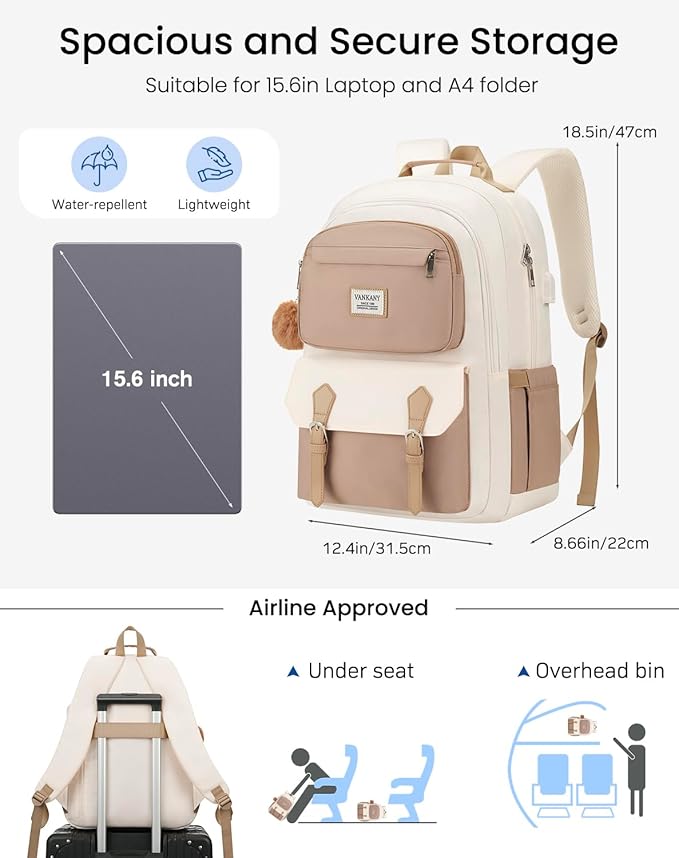 School Backpack for Teen Girls, Cute Laptop Bookbag 17.3in for Women College Students Aesthetic Schoolbag Middle High School Travel Mochilas Niñas, Khaki Beige