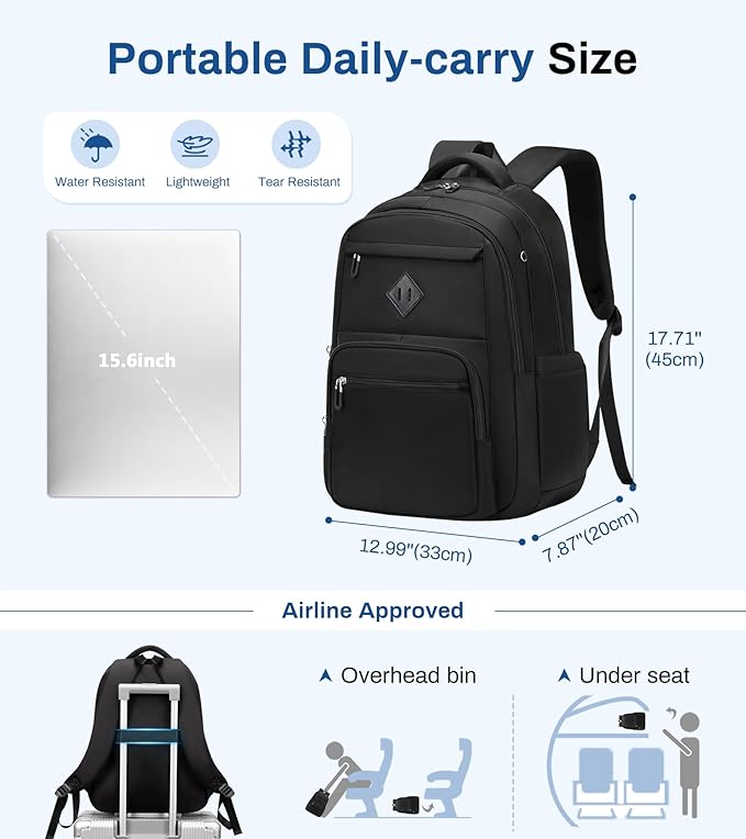 School Backpack for Girls, Lightweight Kids Bookbag for Boys Classic College Backpack for Teen Men Women with Luggage Strap, Age 8-18 Years Old, Black