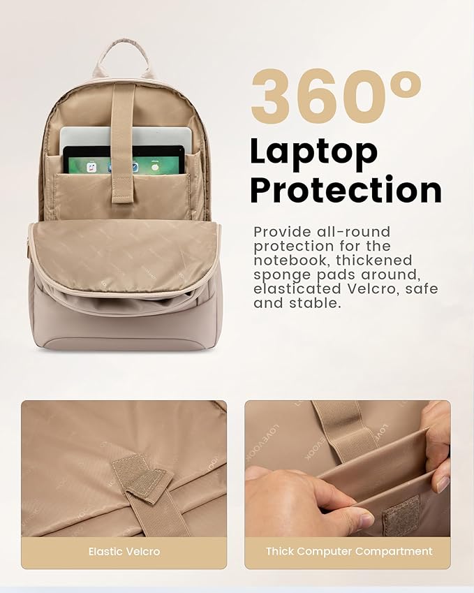 LOVEVOOK Laptop Backpack for Women, 18 Inch Travel Backpack, Large Capacity Casual Daypack, Work Computer Backpack, Travel Backpack for College, Light Beige