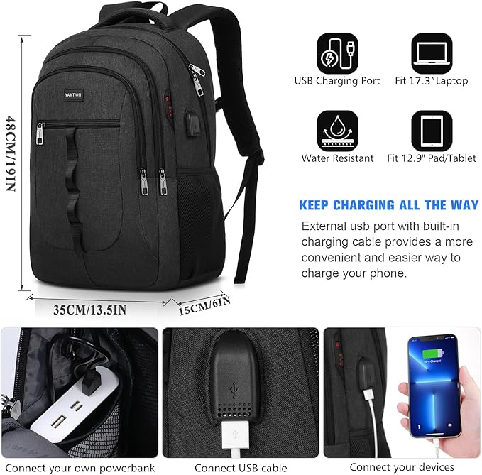 YAMTION 17 inch Backpack Bookbag for Men and Women Laptop Backpack with USB for College Students Work Business