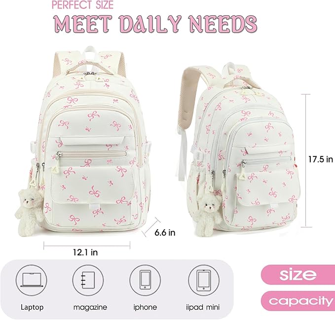 Girls Backpack for College High Middle School Student, Cute Aesthetic Bookbag for Teens Women with Accessories, Beige Bow