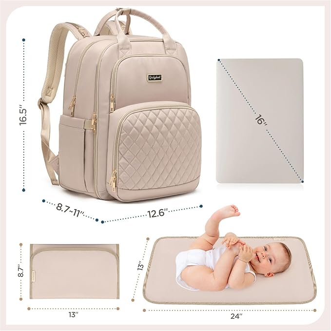 Diaper Bag Backpack - Extra Large Diaper Bag for 2 Kids Twins (Expandable 30L-38L) - Cute Travel Baby Backpack with Changing Pad for mens women (Quilted, Water Resistant)