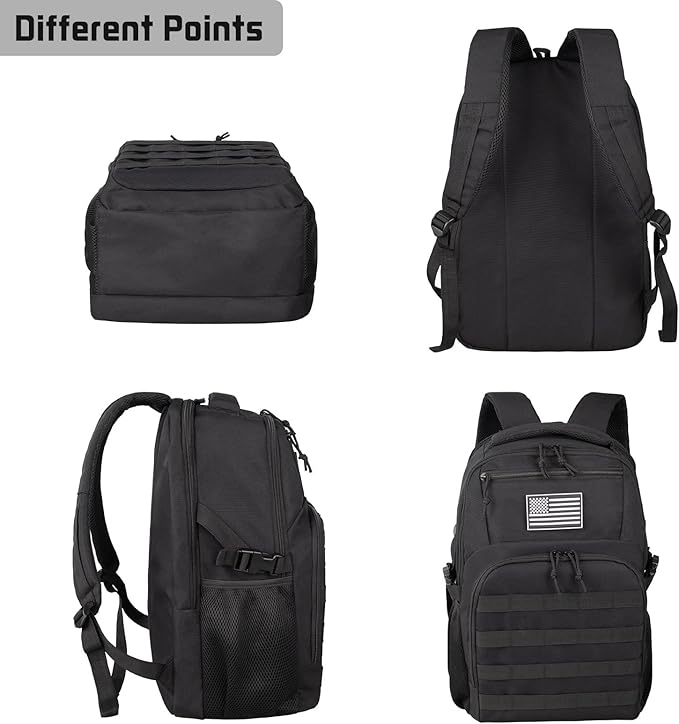 15'' Travel Laptop Backpack for Men, 25L Tactical College Backpacks with Water Pouches Both Sides, Portable Backpack for Men Women Business Work Bag Fight Approved, Small Black Backpack