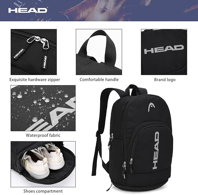 HEAD Waterproof Travel Backpack for Men, Lightweight 15.6 Inch Laptop Backpack with Shoes Compartment, Casual Daypack College Backpacks with 8 Pockets for Overnight/Sports Gym/Work/Fitness