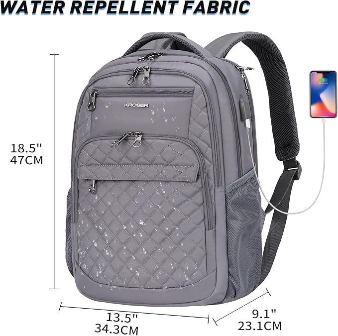 KROSER Travel Laptop Backpack 17 Inch Large Computer Backpack Water-Repellent Daypack with USB Charging Port & Headphone Interface RFID Pockets for Work/Business/College/Men/Women Dark grey(Quilted)