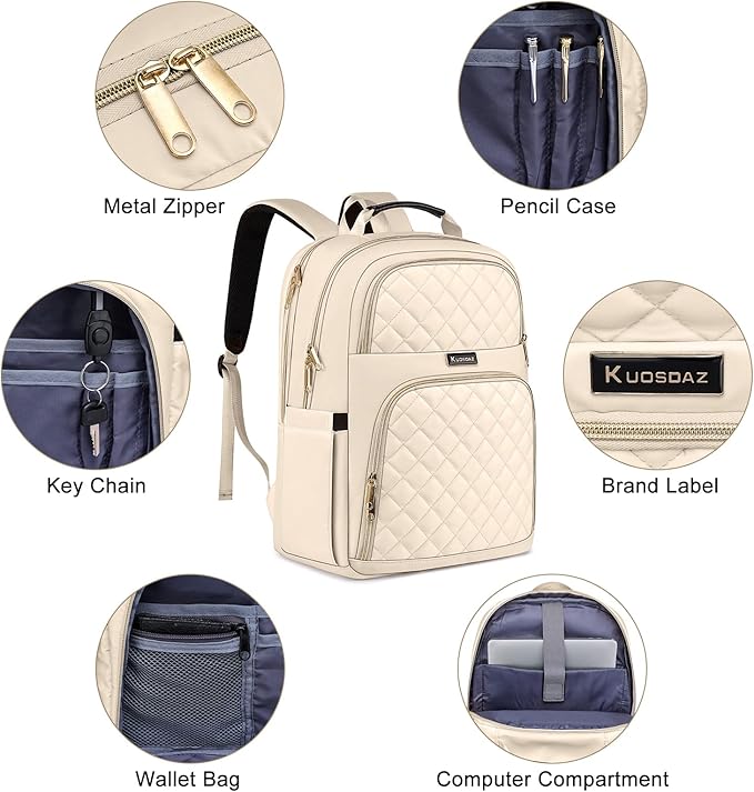 Backpacks for Women, School Backpack for Teen Girls, 15.6 Inch Cute Quilted Laptop Backpack with USB Charging, Large Bookbag for Middle School College Students,Beige