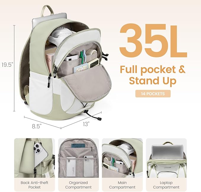 LOVEVOOK Mens Backpack with Giant Tumbler Holder Pocket,18 Inch Everyday Laptop Backpack Commuter Travel Work Computer Bag for Women,Casual Hiking College Teacher Back Pack Daypack,White-Bean Green