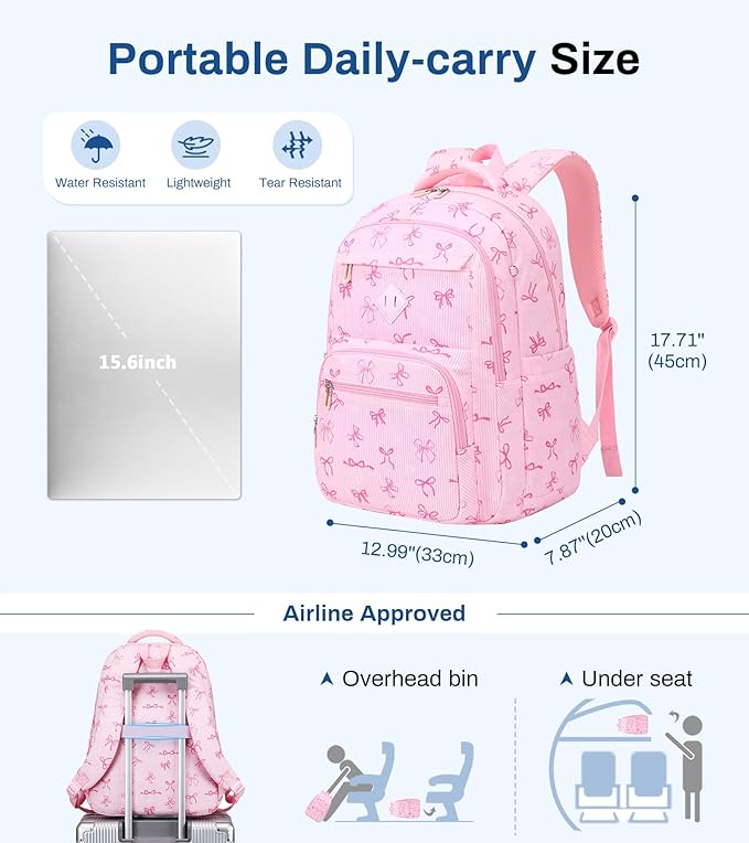 Girls Backpack, Corduroy School Backpack Multiple-pocket College Bookbag for Teen Girls Travel Backpack with Luggage Strap for Women, Pink Bow