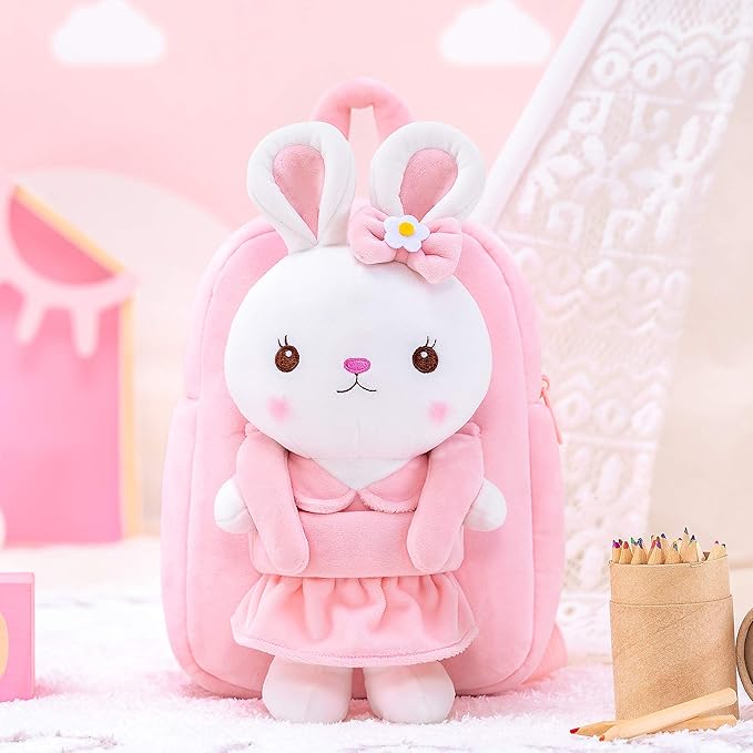 Gloveleya Kids Backpack Toddler Backpacks with Stuffed Bunny Toy Pink 9''…