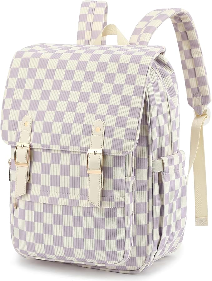 Corduroy Laptop Backpack for Women, Fits 15.6 Inch Computer Bag, College High School Bookbag Travel Daypack Purse, Work Business Bags - Corduroy Checkered Purple
