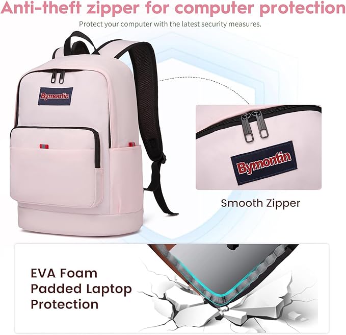Classic Casual Backpack, Lightweight Daypack with 10 Pockets, Laptop Compartment, EVA Foam Pad (Light pink)
