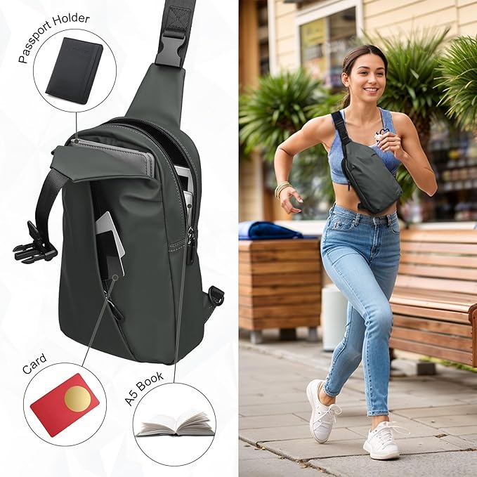 Small Sling Bag, Waterproof Nylon 7.9 Inch Crossbody Chest Bags Daypack Backpack with Anti-theft Pocket for Men Women (Dark Grey)