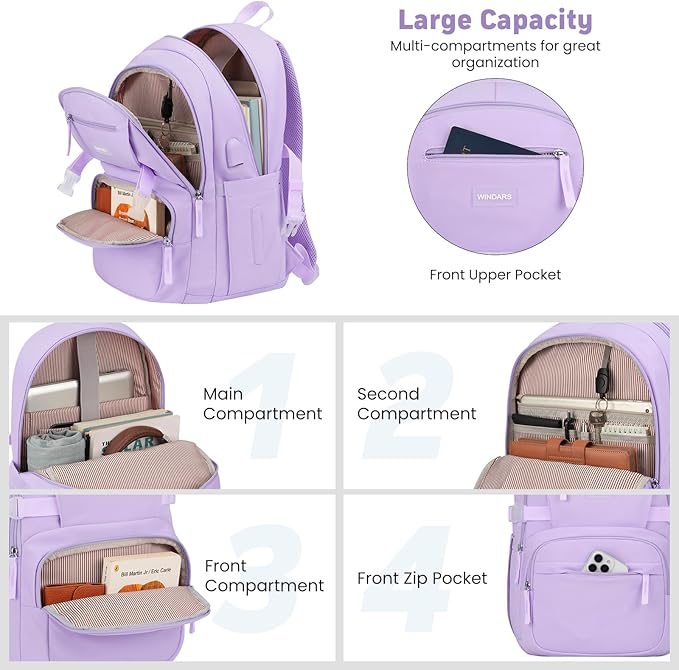Backpack for School Girls, Cute High School Backpacks for Teens Women Student Large Bookbag 15.6 Inch Laptop Bag with USB Charger Port for College Work Travel Trip (Purple)
