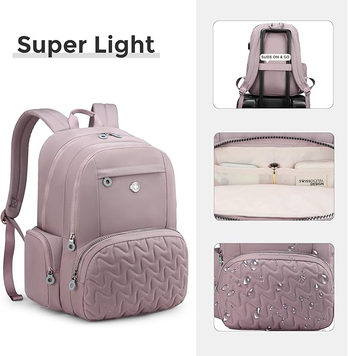 Swissdigital Design Backpack for Women, 15.6 inch Laptop College Pink Medium Simple Modern Backpacks for School with USB Charging Port for Womens Girls | SD1711-82