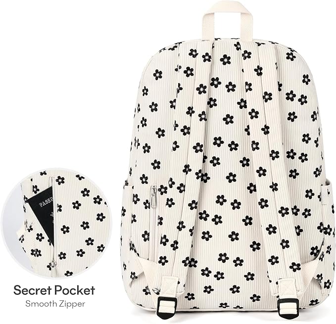 mibasies School Backpack for Girls with Laptop Sleeve: 18IN Large Capacity Corduroy Bookbag for Primary Middle School/College, Travel Daypack for Teens Women - Black Flower