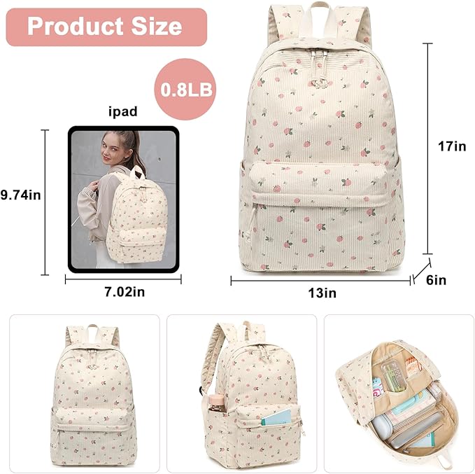 BTOOP School Backpack for Teens Large Corduroy Bookbag Lightweight 15.6 inch Laptop Bag for Girls Women Casual High School College