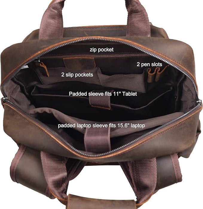Masa Kawa Leather Backpack for Men Vintage 15.6 Inch Laptop Bag Multi Pockets Casual Work Travel Camping Daypack (deep brown)