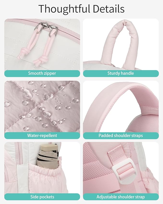 Bookbag for Women, Teen Girls Backpack for High School College Student, Puffer Quilted Back Pack Cute Laptop Backpack for Work Travel Mom Casual Daypack, Beige Pink